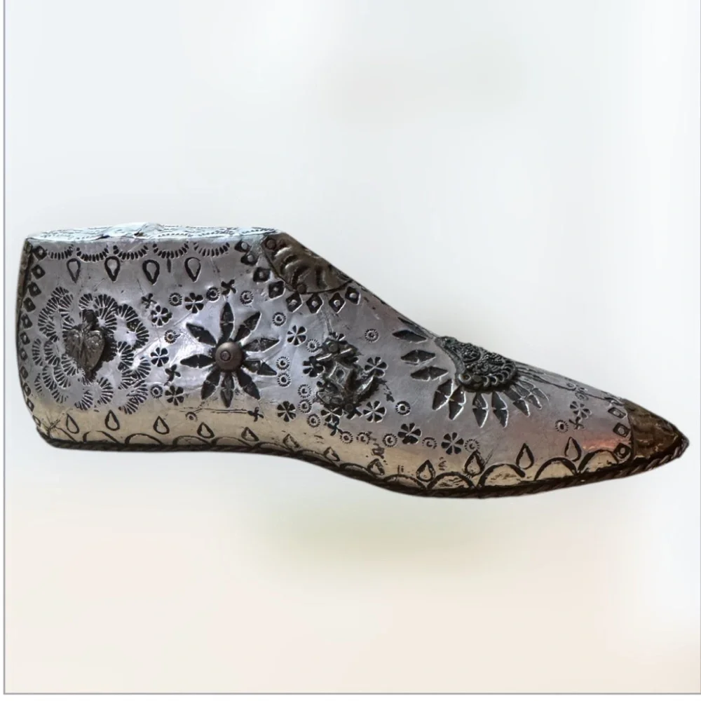 Folk Art SHOE MOLD Embossed Tin and Milagros Home Decor Unique Handmade 9x3” - Picture 2 of 9